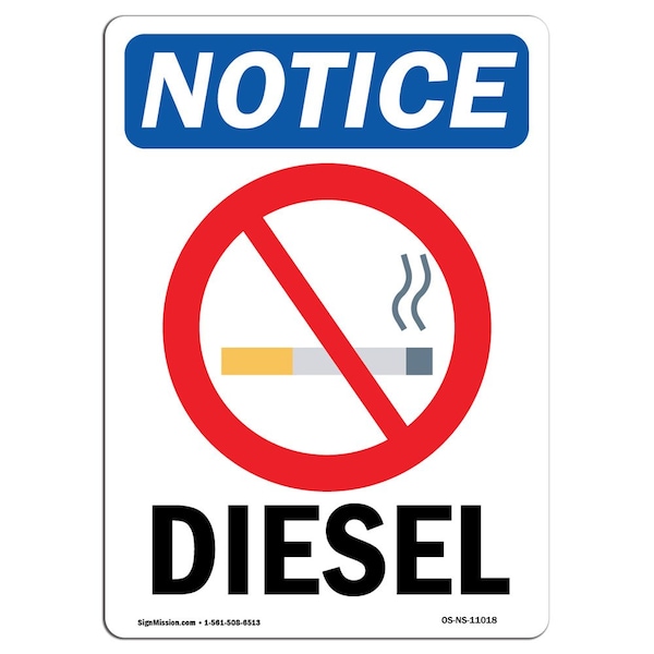 Safety Sign, OSHA Notice, 5" Height, Diesel Sign With Symbol, Portrait, 10PK